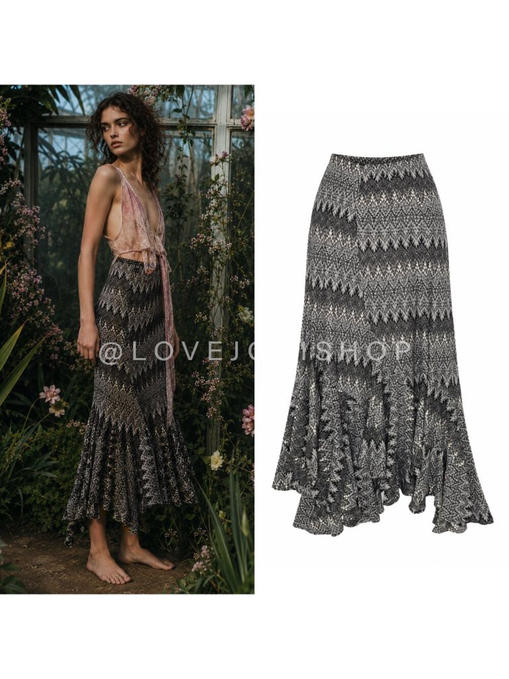 Whimsigoth | Joseph Ribkoff Metallic Crochet Knit Asymmetrical Maxi | Scarf Hem
